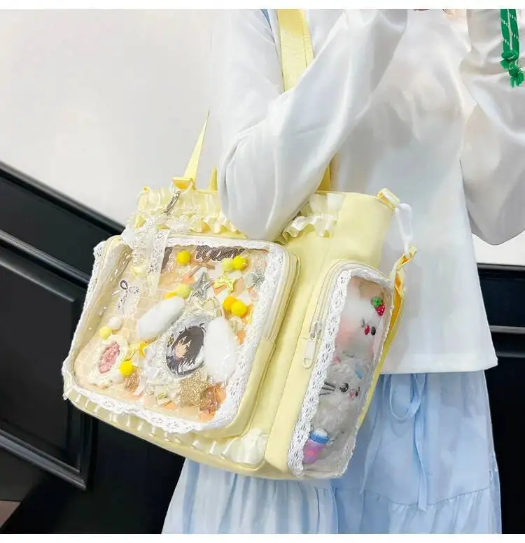 Y2k New Sweet Ita Shoulder Bag Lolita Girl Transparent Crossbody Bag Women Large Capacity Lace Tote Bag Cute DIY Display Handbag
