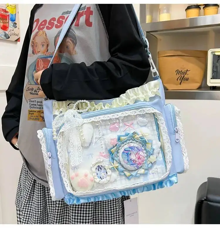 Y2k New Sweet Ita Shoulder Bag Lolita Girl Transparent Crossbody Bag Women Large Capacity Lace Tote Bag Cute DIY Display Handbag