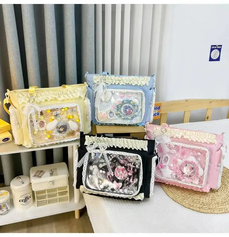 Y2k New Sweet Ita Shoulder Bag Lolita Girl Transparent Crossbody Bag Women Large Capacity Lace Tote Bag Cute DIY Display Handbag