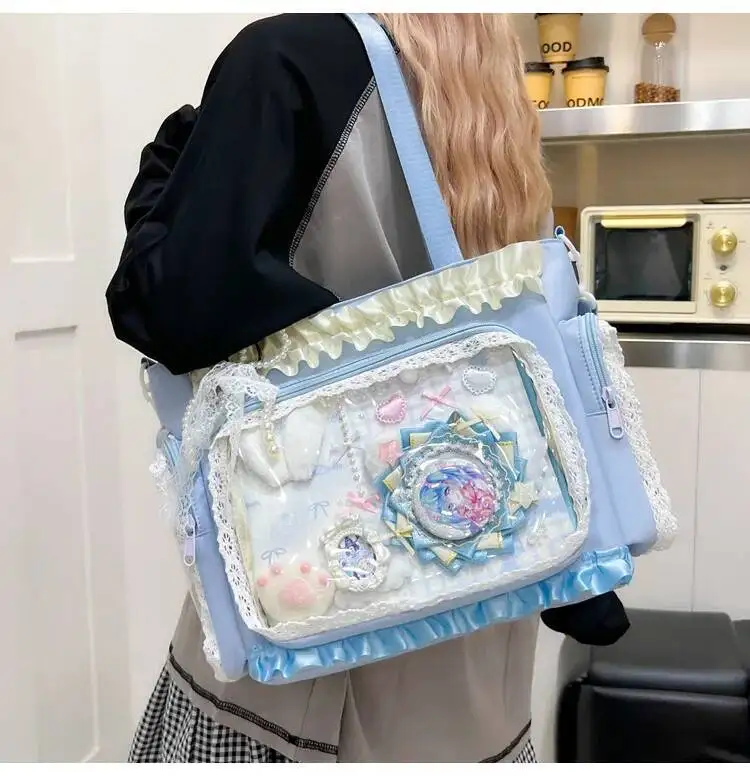 Y2k New Sweet Ita Shoulder Bag Lolita Girl Transparent Crossbody Bag Women Large Capacity Lace Tote Bag Cute DIY Display Handbag