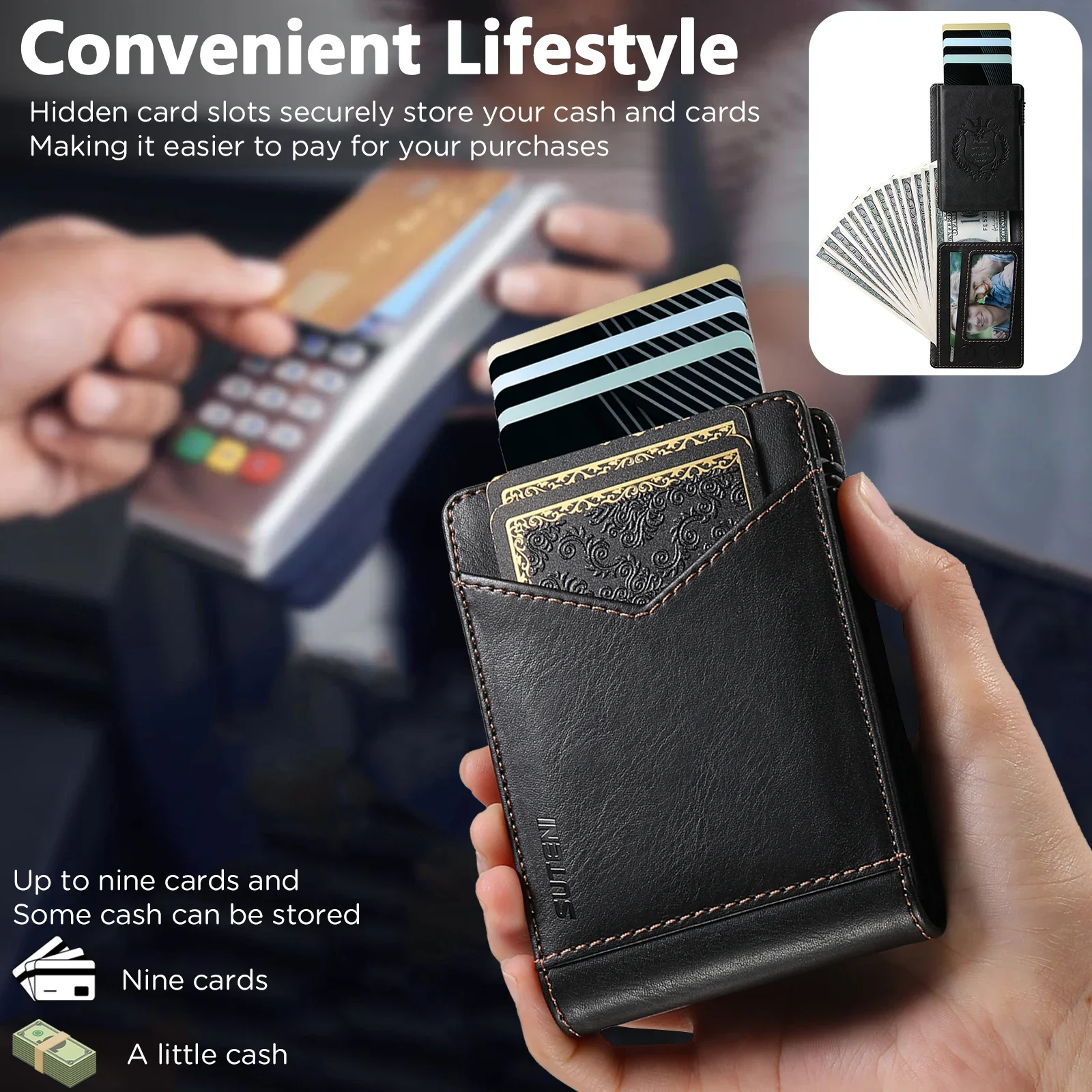 ANTI RFID Blocking PU Leather Flip Card Holder Multi-functional Wallet Card Box Automatically Ejects Card Slot Fashion Slim