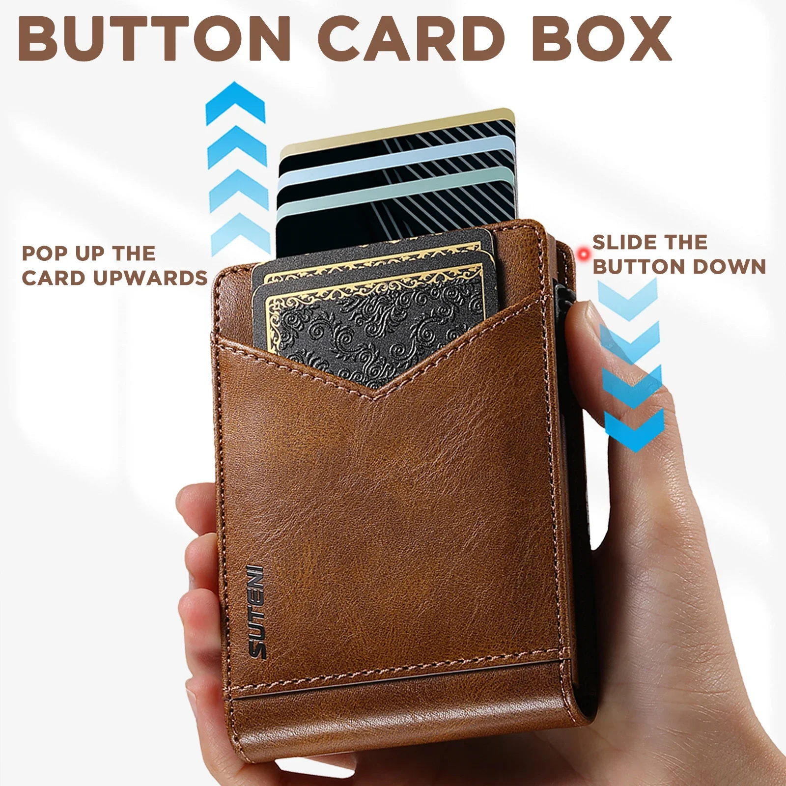 ANTI RFID Blocking PU Leather Flip Card Holder Multi-functional Wallet Card Box Automatically Ejects Card Slot Fashion Slim