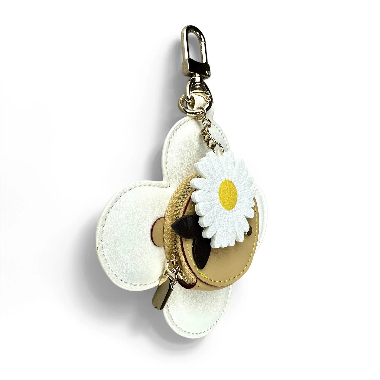 Real Leather Coin Purse with Daisy Charm-Cute Keychain Bag Clip for Handbag-Detachable Daisy Flower Accessory-Gift For Women