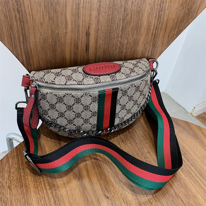 Classic Geometric Pattern Fashion Crossbody Bag Lightweight Zipper PU Adjustable Striped Strap Waist Bag for Commute