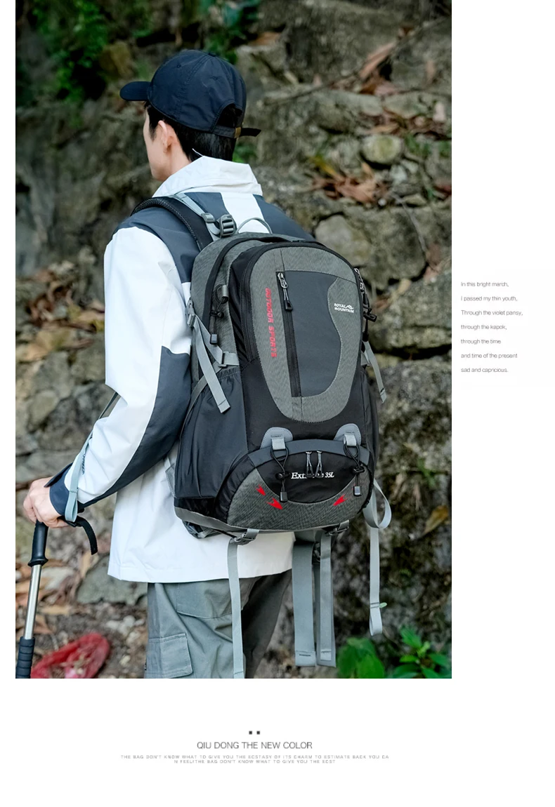 ROYAL MOUNTAIN 35L HIKING BACKPACK WITH SHOES COMPARTMENT WATER RESISTANT FABRIC REAR FRAME SUPPORT BREATHABLE PADDING