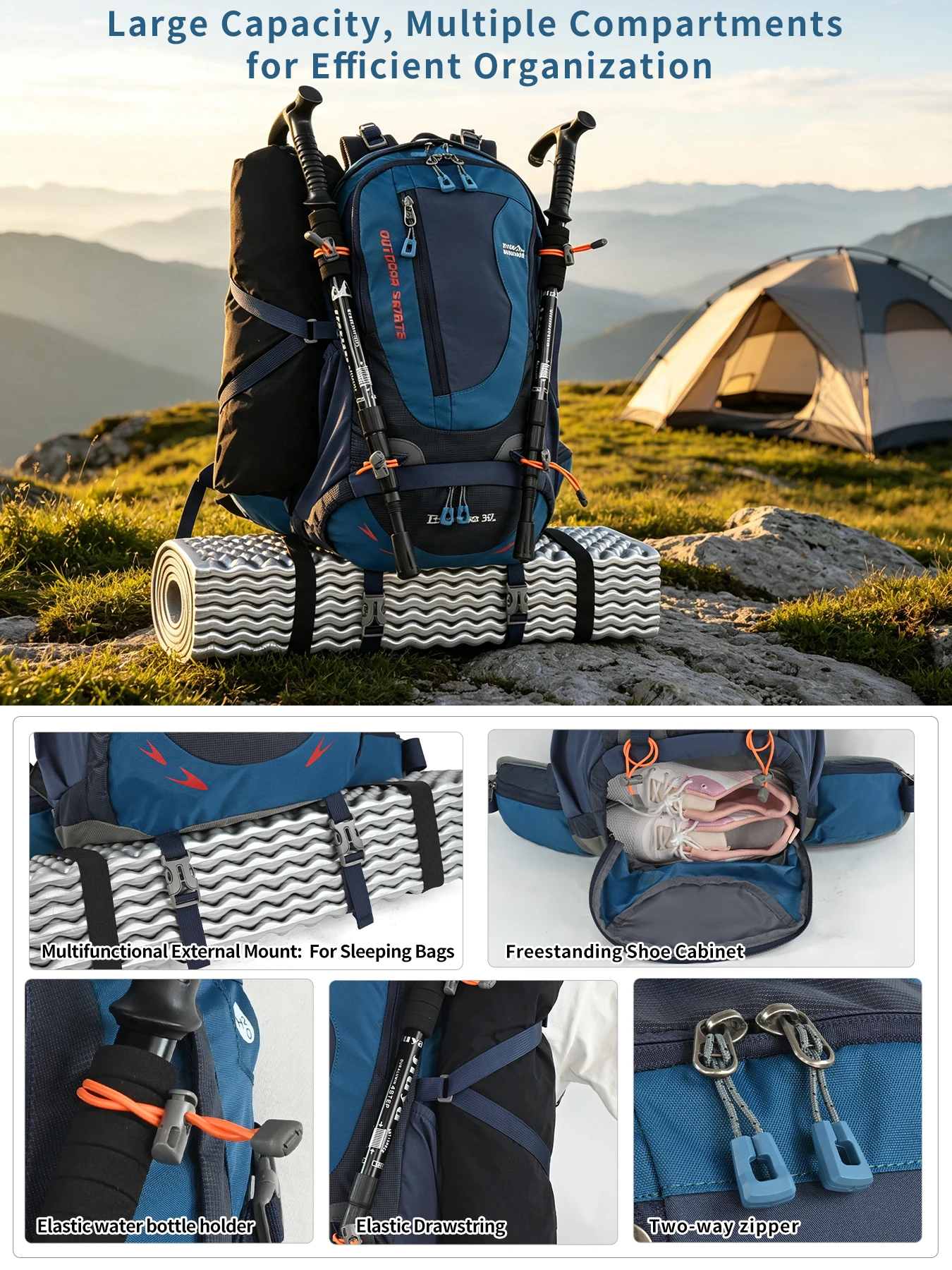 ROYAL MOUNTAIN 35L HIKING BACKPACK WITH SHOES COMPARTMENT WATER RESISTANT FABRIC REAR FRAME SUPPORT BREATHABLE PADDING