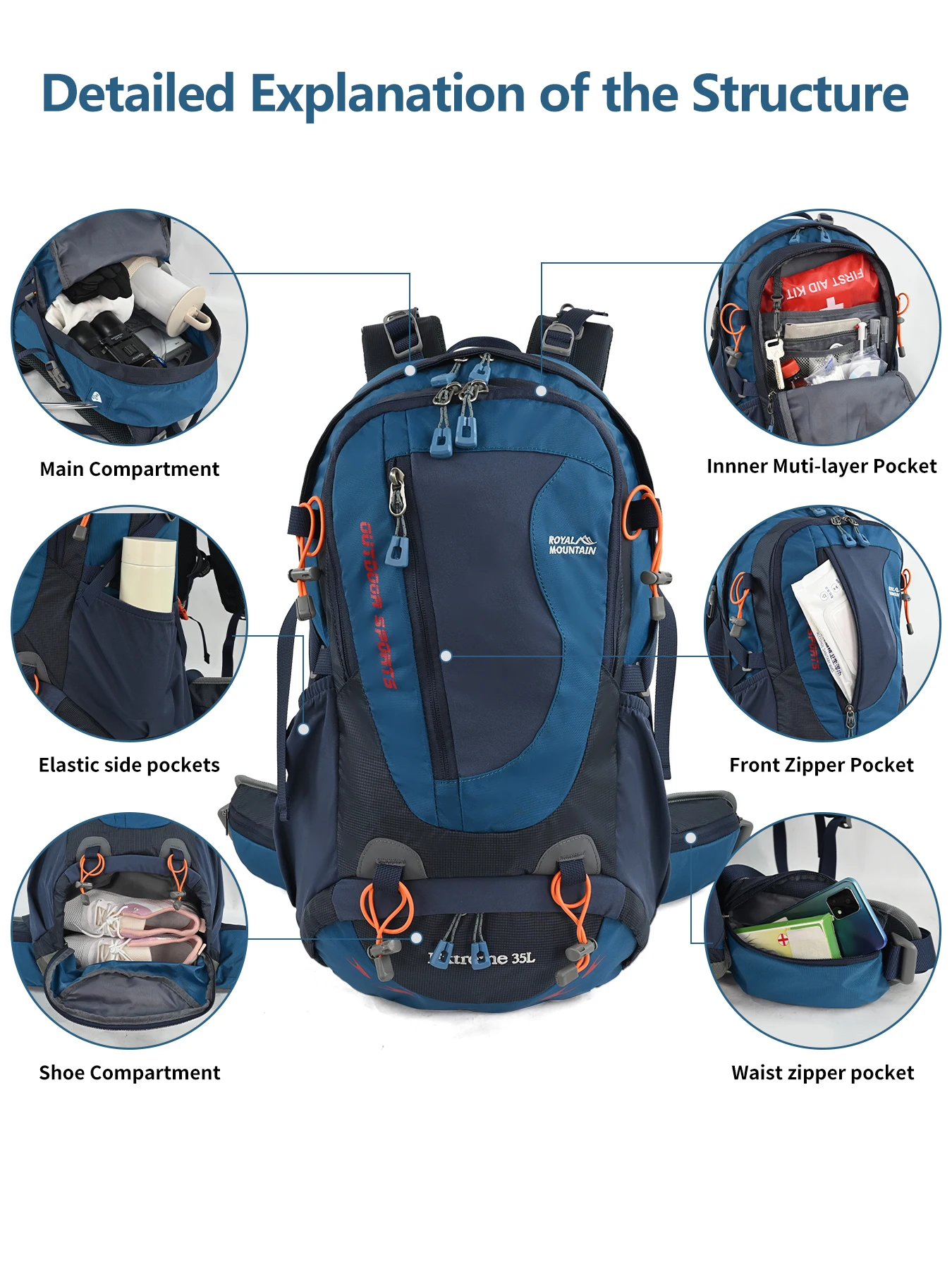 ROYAL MOUNTAIN 35L HIKING BACKPACK WITH SHOES COMPARTMENT WATER RESISTANT FABRIC REAR FRAME SUPPORT BREATHABLE PADDING