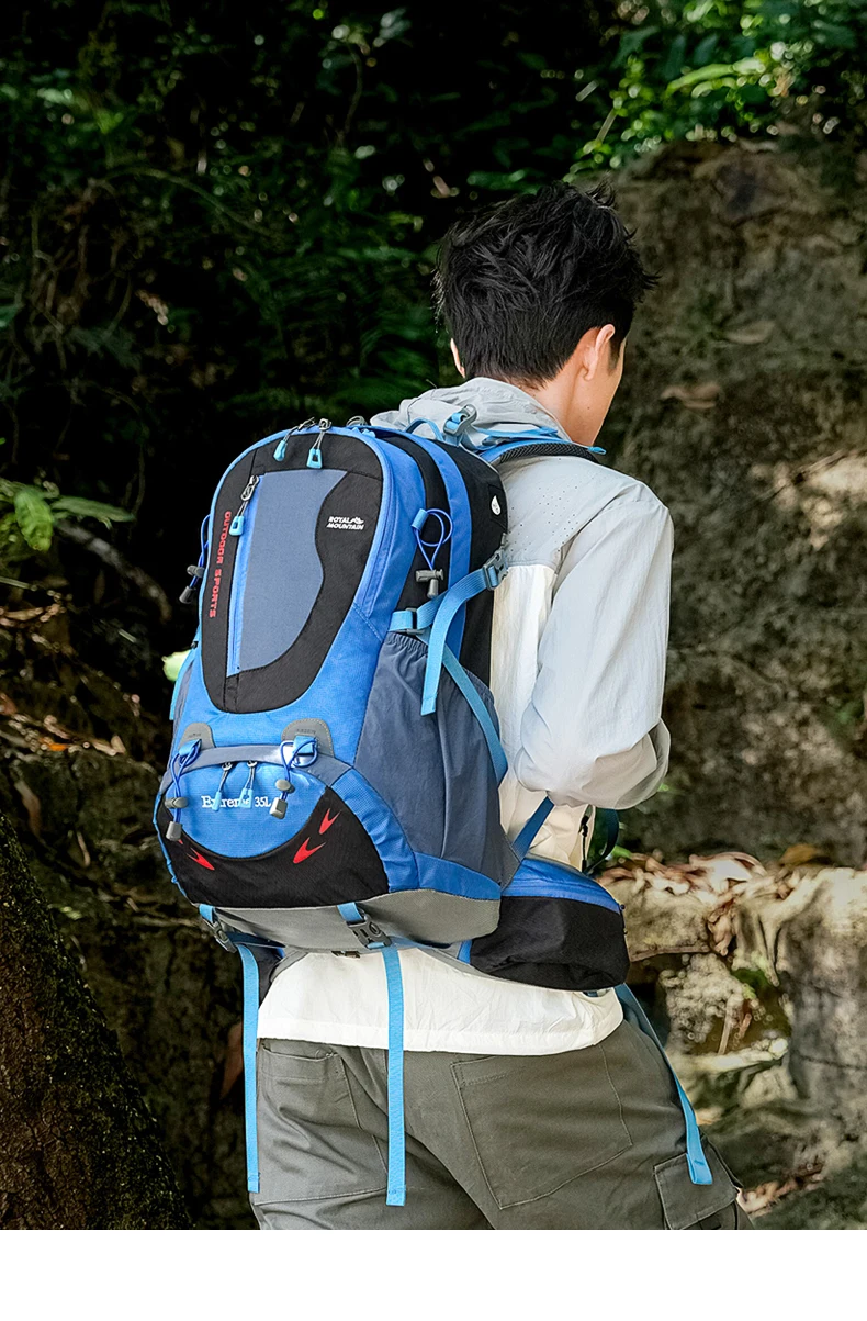 ROYAL MOUNTAIN 35L HIKING BACKPACK WITH SHOES COMPARTMENT WATER RESISTANT FABRIC REAR FRAME SUPPORT BREATHABLE PADDING