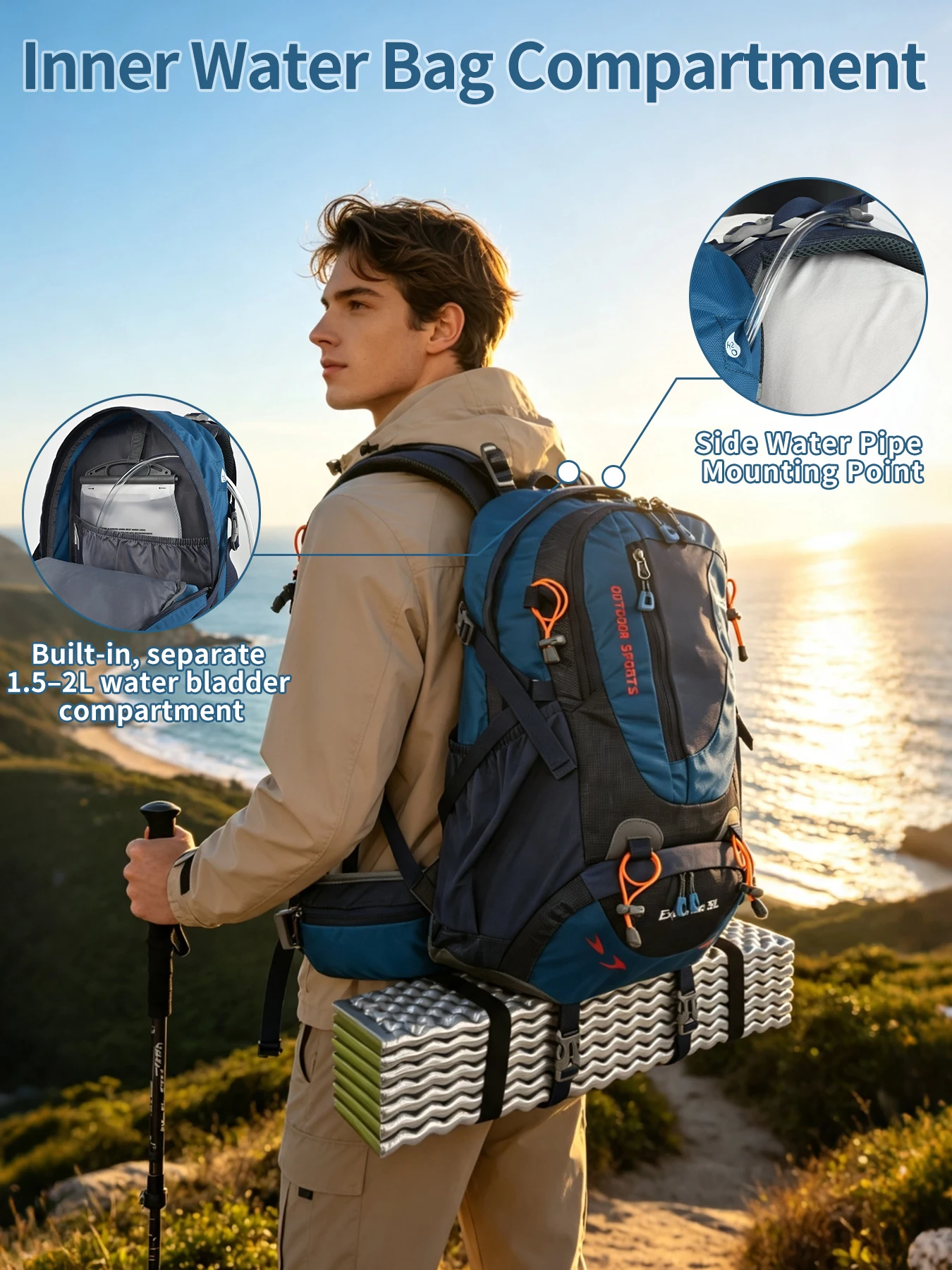 ROYAL MOUNTAIN 35L HIKING BACKPACK WITH SHOES COMPARTMENT WATER RESISTANT FABRIC REAR FRAME SUPPORT BREATHABLE PADDING