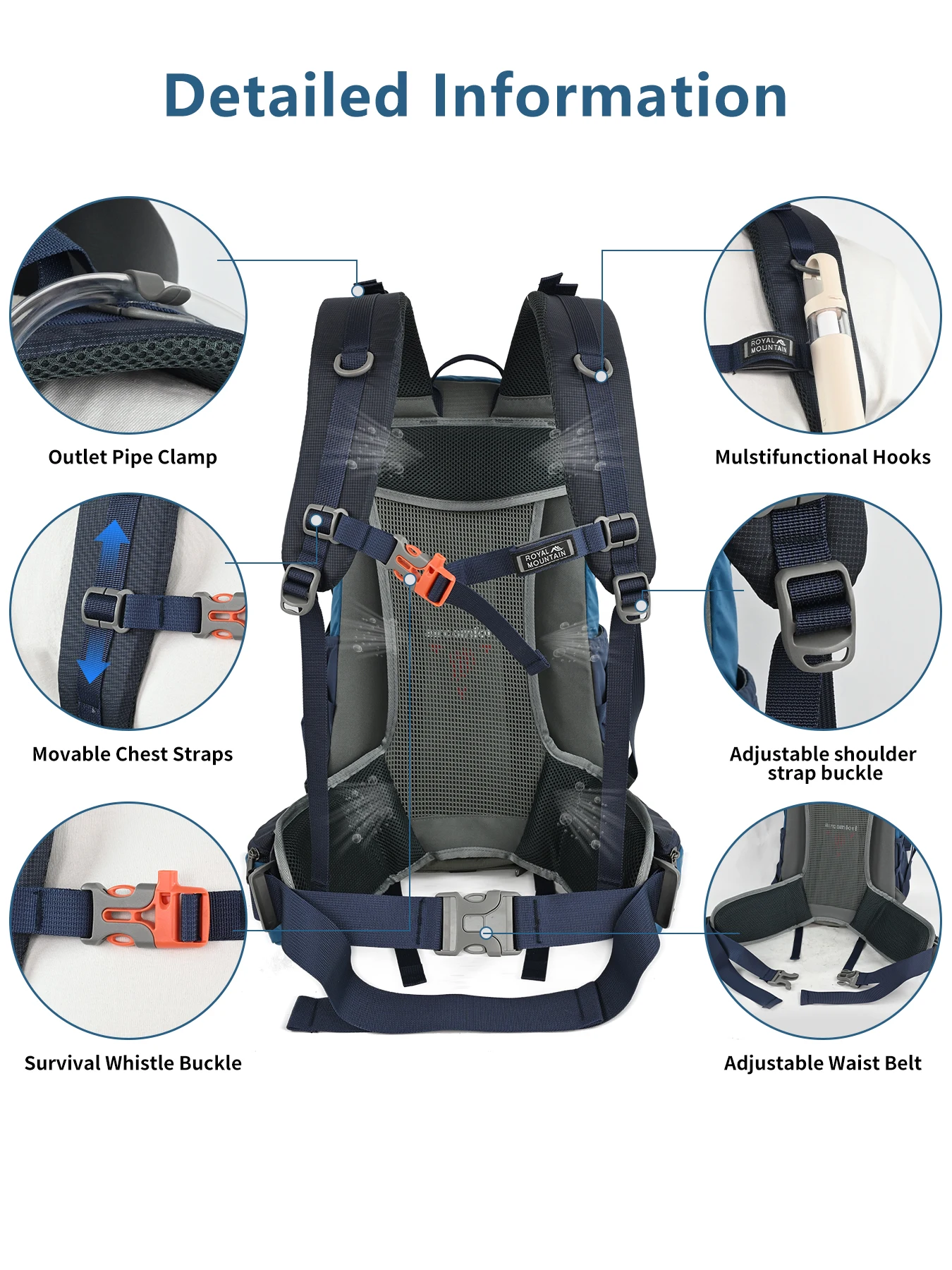 ROYAL MOUNTAIN 35L HIKING BACKPACK WITH SHOES COMPARTMENT WATER RESISTANT FABRIC REAR FRAME SUPPORT BREATHABLE PADDING