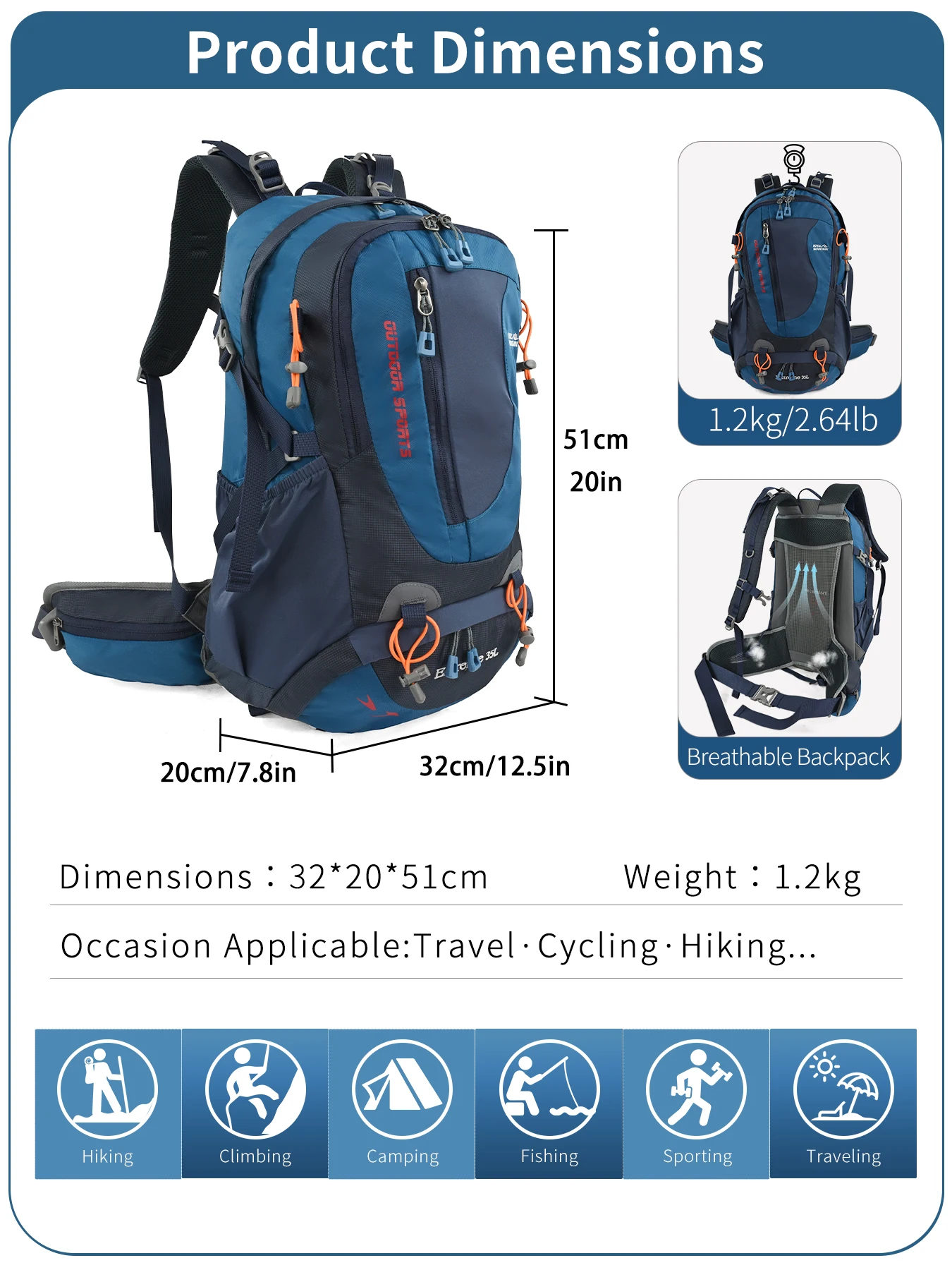 ROYAL MOUNTAIN 35L HIKING BACKPACK WITH SHOES COMPARTMENT WATER RESISTANT FABRIC REAR FRAME SUPPORT BREATHABLE PADDING
