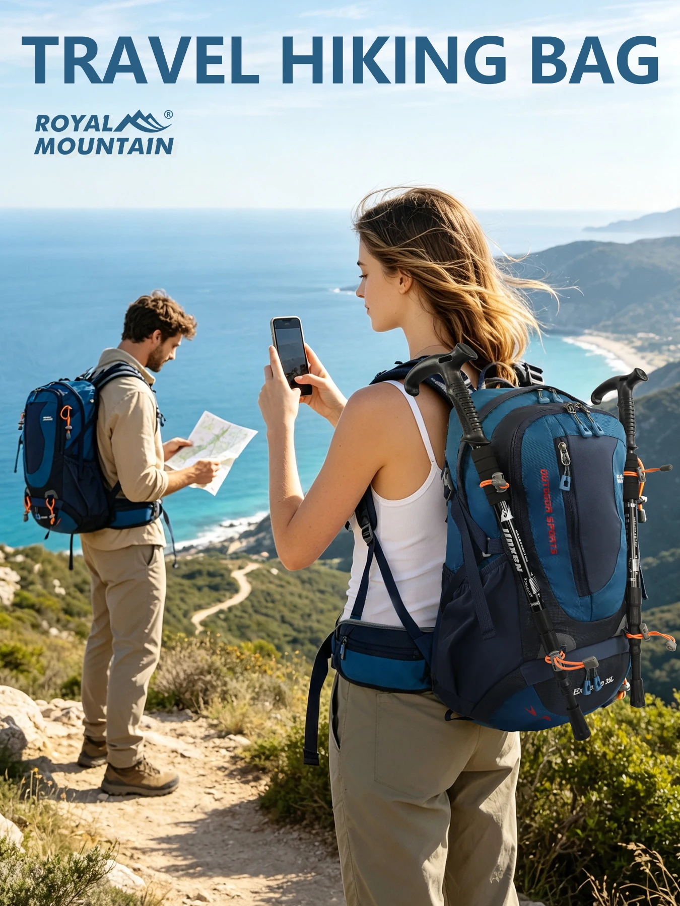 ROYAL MOUNTAIN 35L HIKING BACKPACK WITH SHOES COMPARTMENT WATER RESISTANT FABRIC REAR FRAME SUPPORT BREATHABLE PADDING