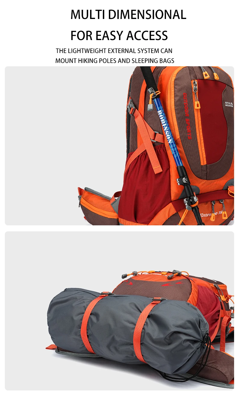 ROYAL MOUNTAIN 35L HIKING BACKPACK WITH SHOES COMPARTMENT WATER RESISTANT FABRIC REAR FRAME SUPPORT BREATHABLE PADDING