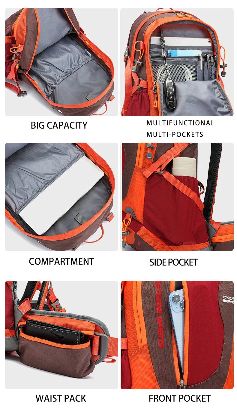 ROYAL MOUNTAIN 35L HIKING BACKPACK WITH SHOES COMPARTMENT WATER RESISTANT FABRIC REAR FRAME SUPPORT BREATHABLE PADDING