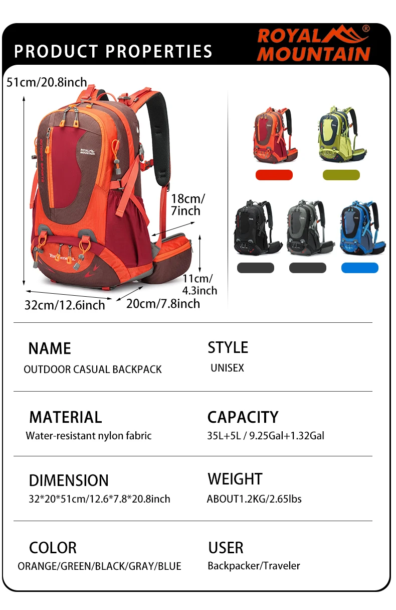 ROYAL MOUNTAIN 35L HIKING BACKPACK WITH SHOES COMPARTMENT WATER RESISTANT FABRIC REAR FRAME SUPPORT BREATHABLE PADDING
