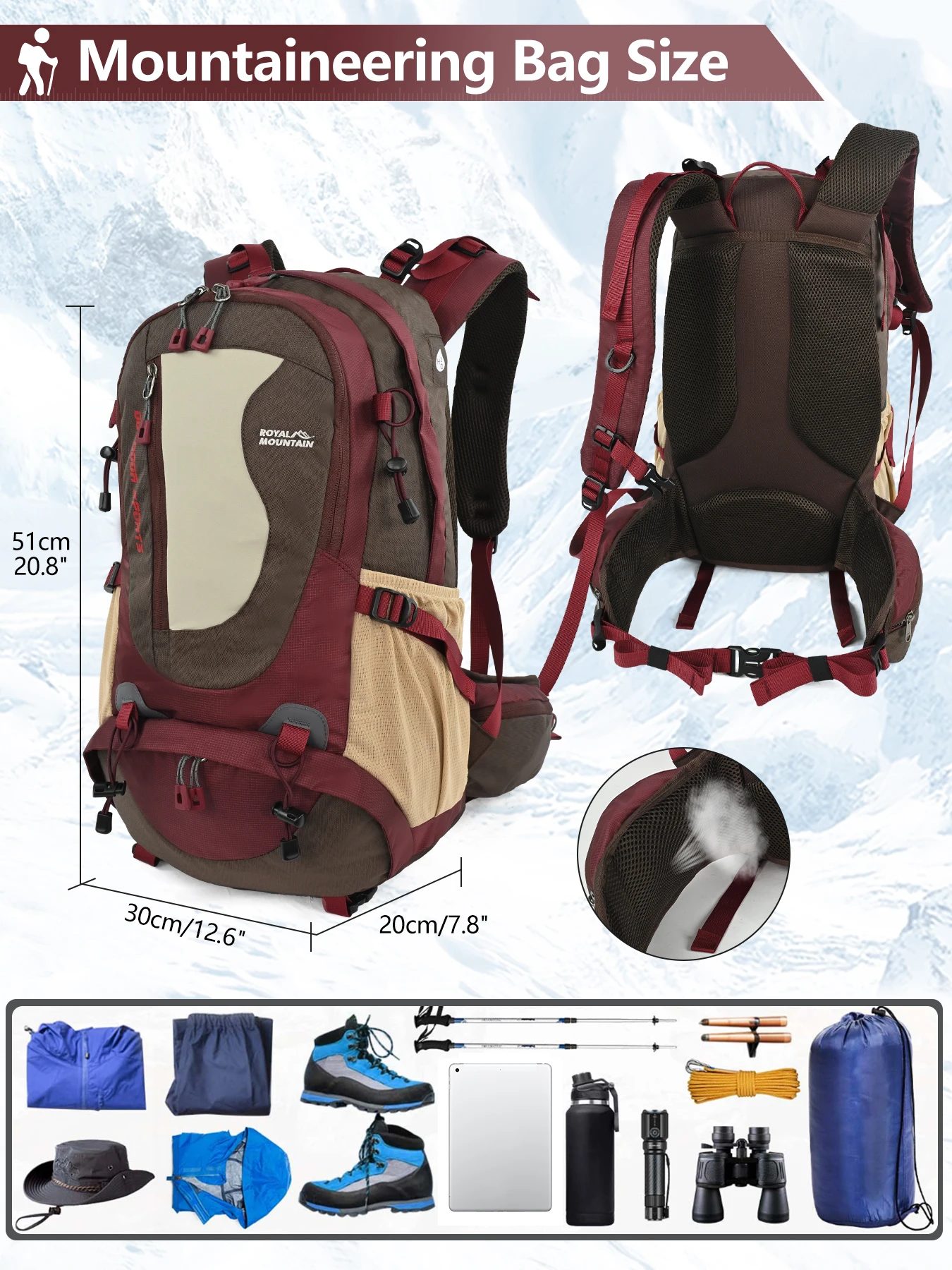 ROYAL MOUNTAIN 35L Hiking & Casual Backpack Shoes Compartment Multi-Pockets Waist Pack Chest Buckle Water-Resistant Fabric All