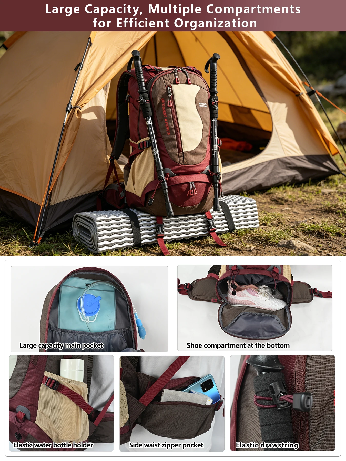 ROYAL MOUNTAIN 35L Hiking & Casual Backpack Shoes Compartment Multi-Pockets Waist Pack Chest Buckle Water-Resistant Fabric All