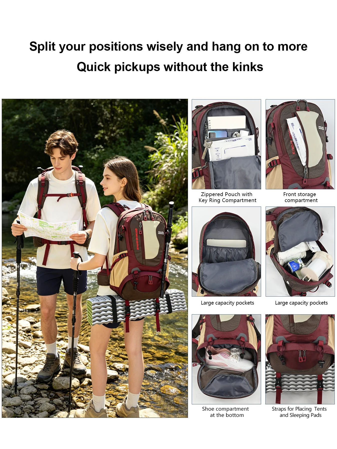 ROYAL MOUNTAIN 35L Hiking & Casual Backpack Shoes Compartment Multi-Pockets Waist Pack Chest Buckle Water-Resistant Fabric All