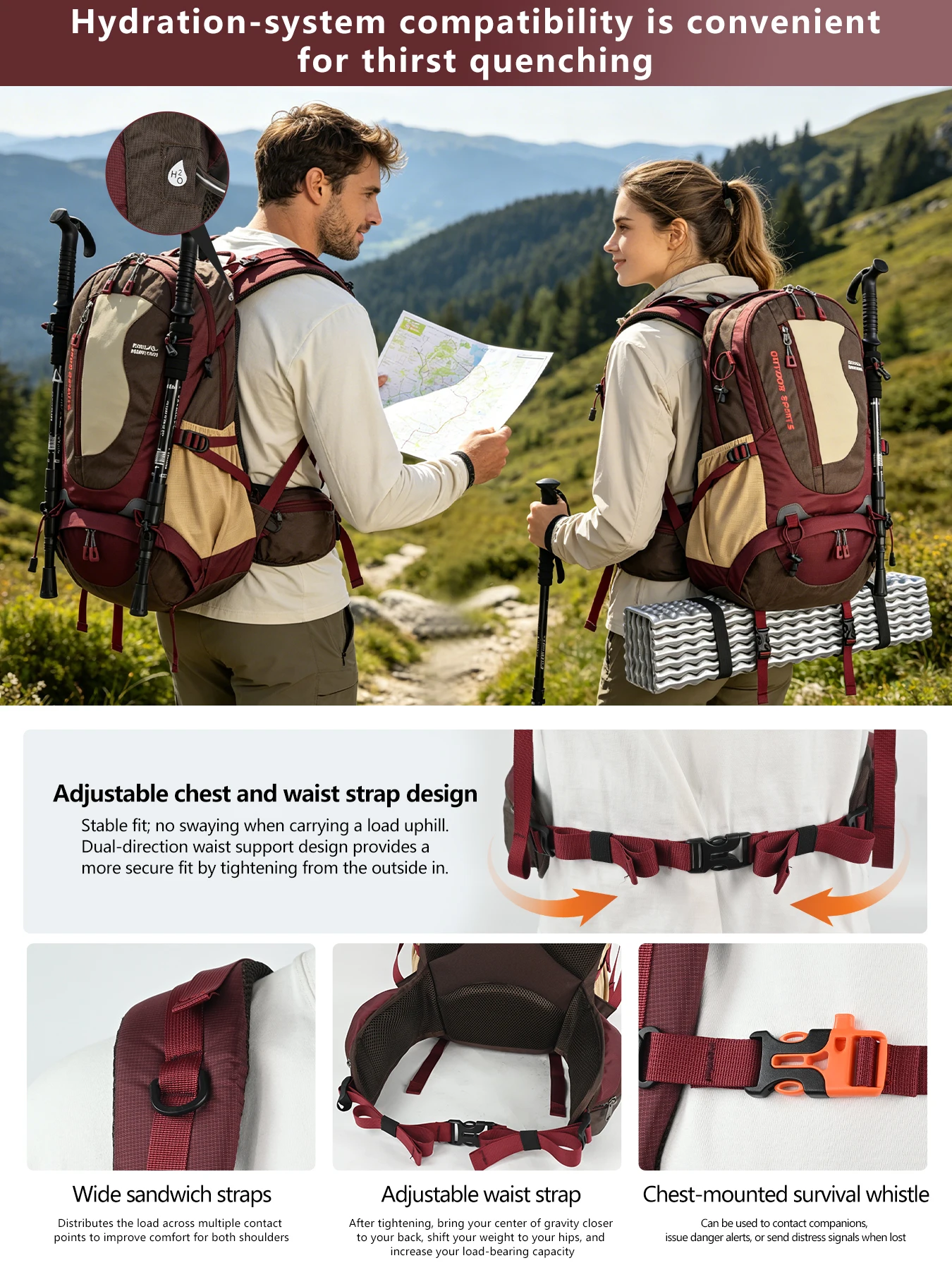 ROYAL MOUNTAIN 35L Hiking & Casual Backpack Shoes Compartment Multi-Pockets Waist Pack Chest Buckle Water-Resistant Fabric All