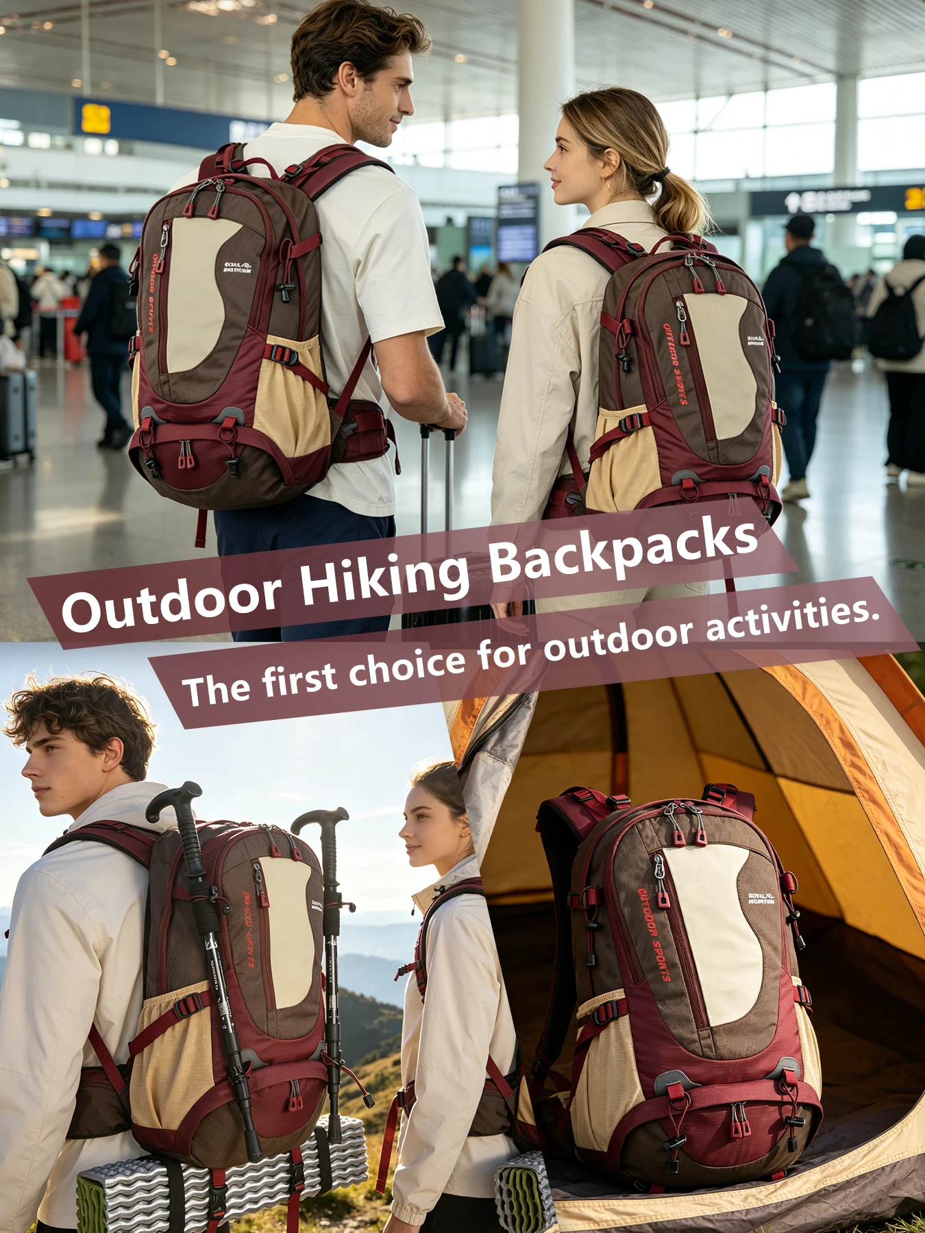 ROYAL MOUNTAIN 35L Hiking & Casual Backpack Shoes Compartment Multi-Pockets Waist Pack Chest Buckle Water-Resistant Fabric All
