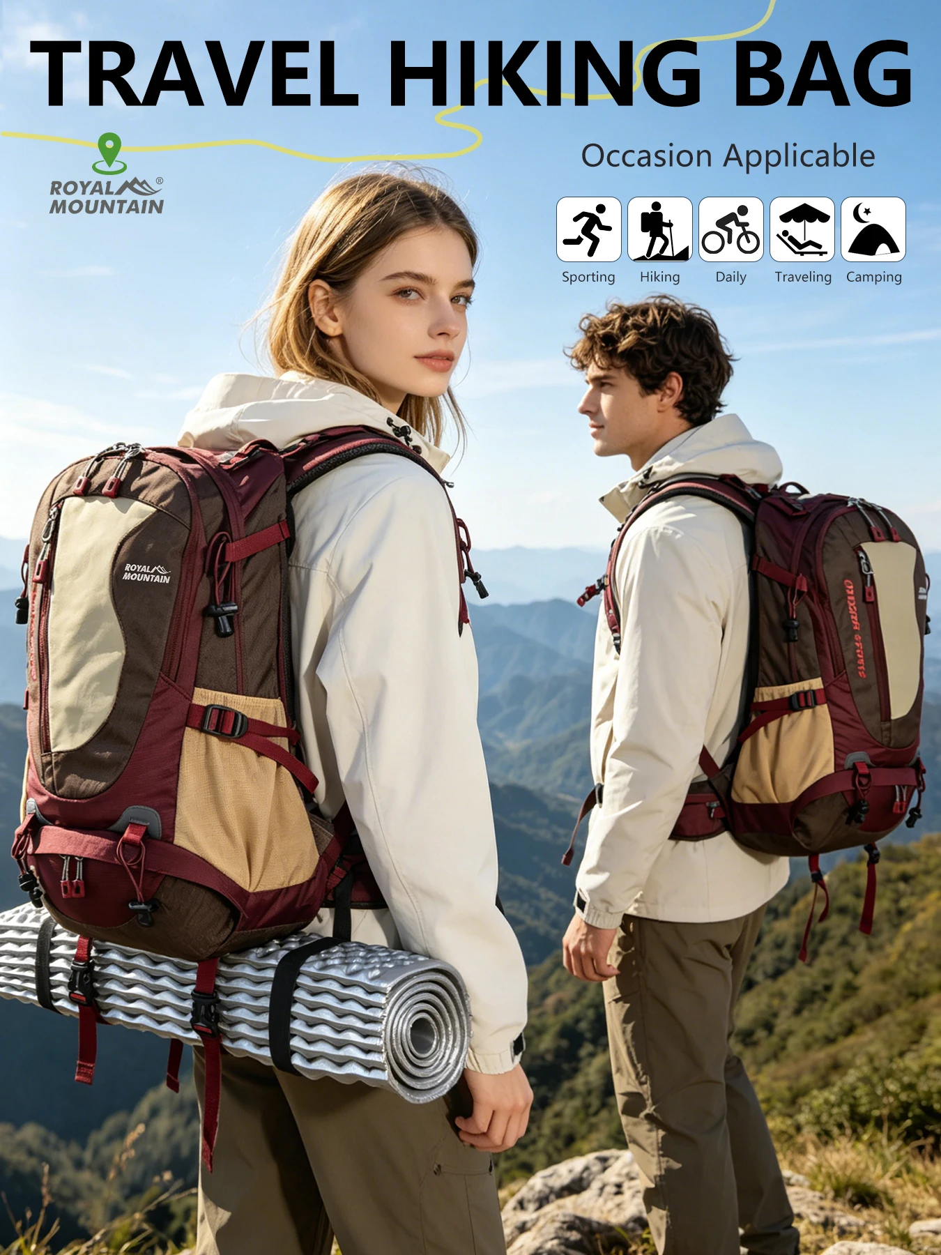ROYAL MOUNTAIN 35L Hiking & Casual Backpack Shoes Compartment Multi-Pockets Waist Pack Chest Buckle Water-Resistant Fabric All