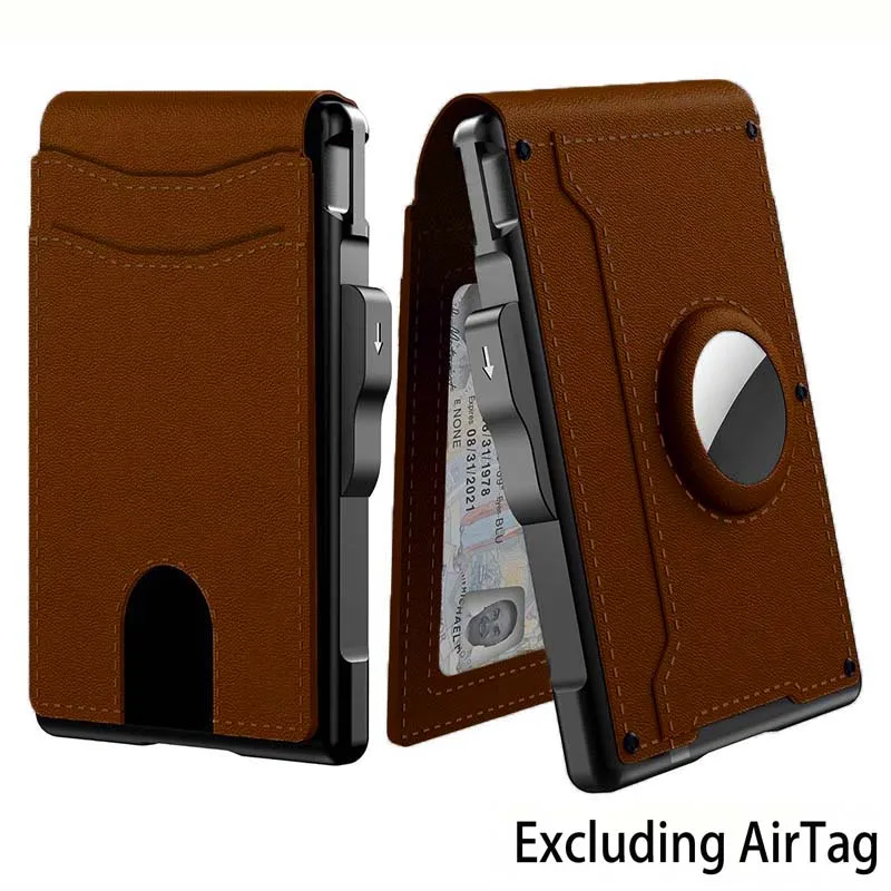 Men's Pop-Up Aluminum-Framed Carbon Fiber PU RFID Blocking Bifold Wallet with AirTag Slot Credit Card Holder Fold Design