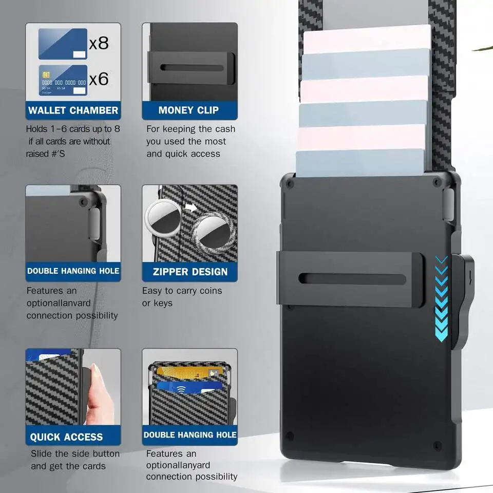 Men's Pop-Up Aluminum-Framed Carbon Fiber PU RFID Blocking Bifold Wallet with AirTag Slot Credit Card Holder Fold Design