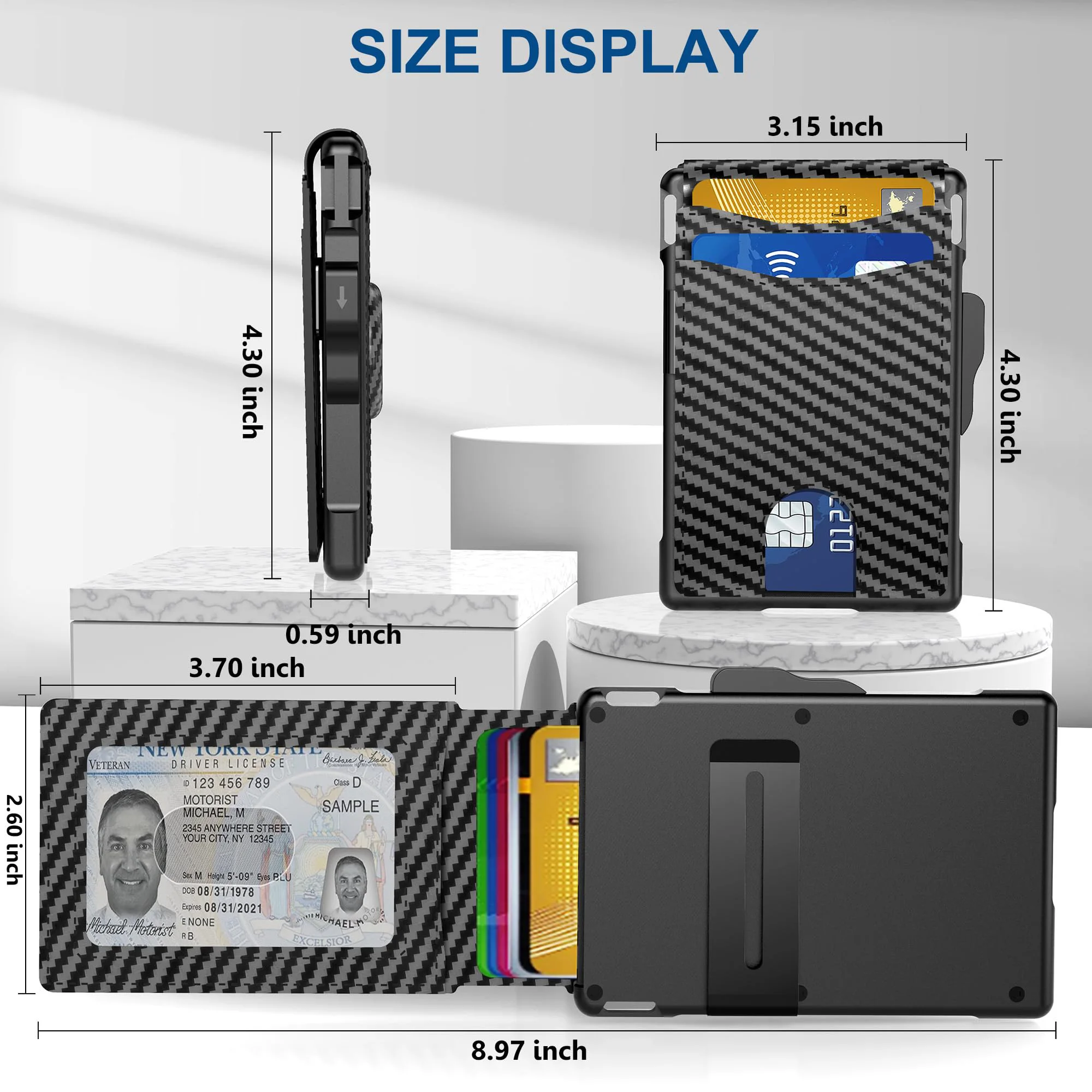 Men's Pop-Up Aluminum-Framed Carbon Fiber PU RFID Blocking Bifold Wallet with AirTag Slot Credit Card Holder Fold Design