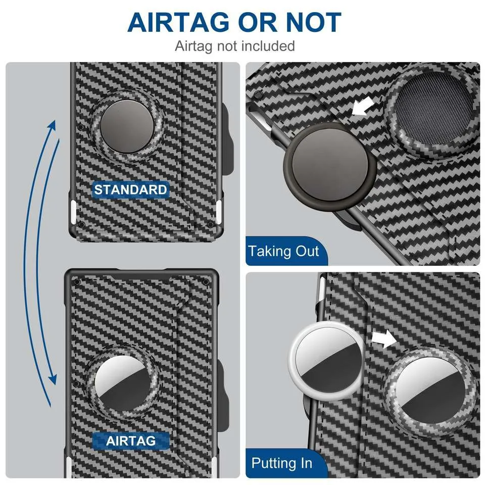 Men's Pop-Up Aluminum-Framed Carbon Fiber PU RFID Blocking Bifold Wallet with AirTag Slot Credit Card Holder Fold Design