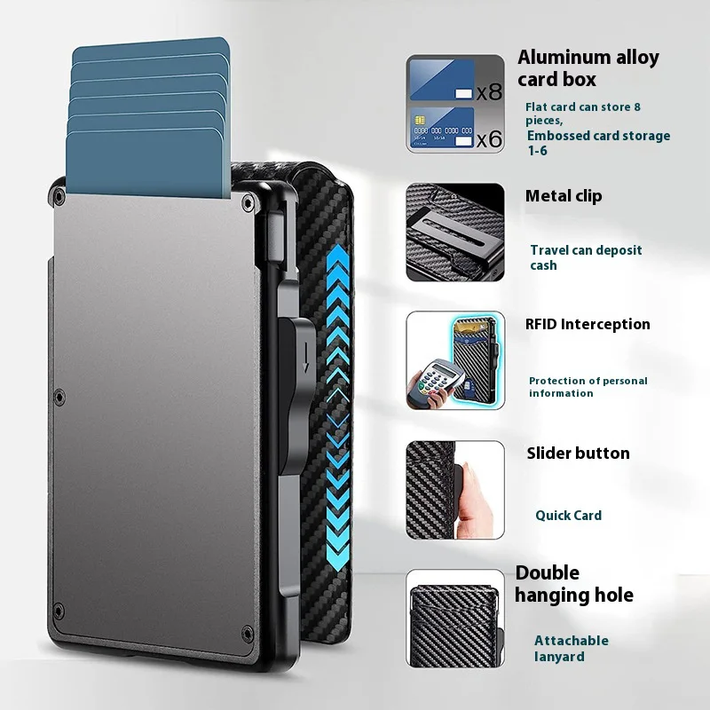 Men's Pop-Up Aluminum-Framed Carbon Fiber PU RFID Blocking Bifold Wallet with AirTag Slot Credit Card Holder Fold Design
