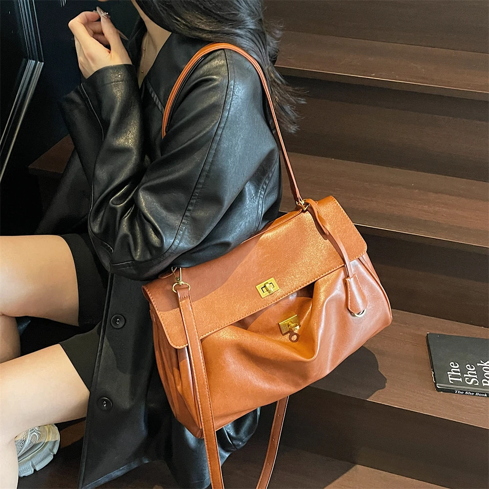 MOODS Two-sized Flap Shoulder Tote Bags For Women Retro Solid Color Big Capacity Shopper Crossbody Bag 2025 New Fashion Handbags