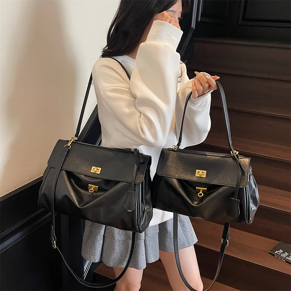 MOODS Two-sized Flap Shoulder Tote Bags For Women Retro Solid Color Big Capacity Shopper Crossbody Bag 2025 New Fashion Handbags