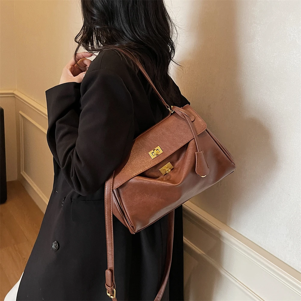 MOODS Two-sized Flap Shoulder Tote Bags For Women Retro Solid Color Big Capacity Shopper Crossbody Bag 2025 New Fashion Handbags