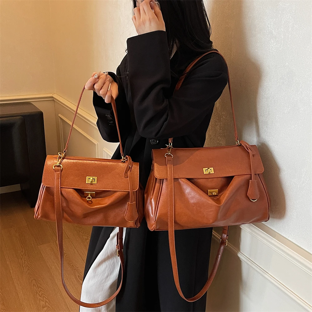 MOODS Two-sized Flap Shoulder Tote Bags For Women Retro Solid Color Big Capacity Shopper Crossbody Bag 2025 New Fashion Handbags