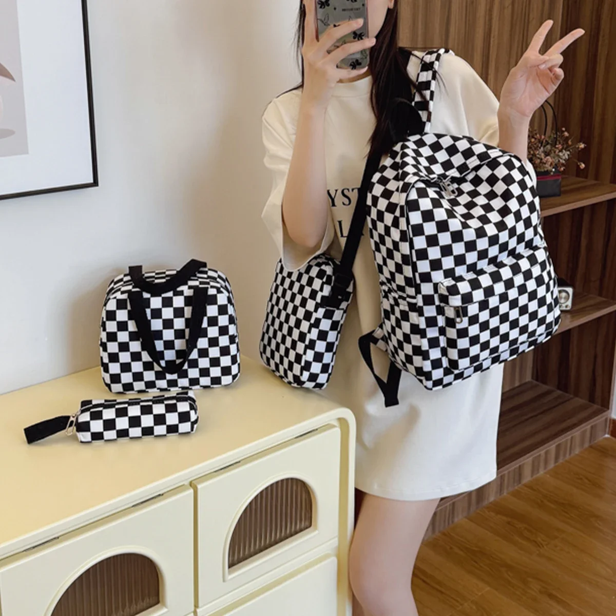 Checkerboard 4Pcs Backpack Set Crossbody&handbag&Pen Case Stitching Multi Pocket Adjustable Straps Campus Commute Bundle