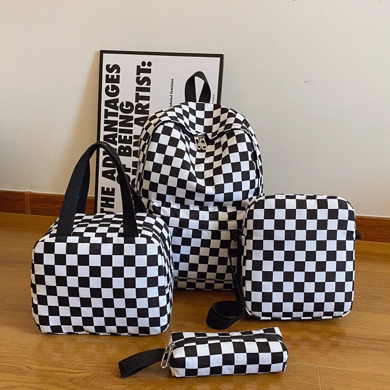 Checkerboard 4Pcs Backpack Set Crossbody&handbag&Pen Case Stitching Multi Pocket Adjustable Straps Campus Commute Bundle