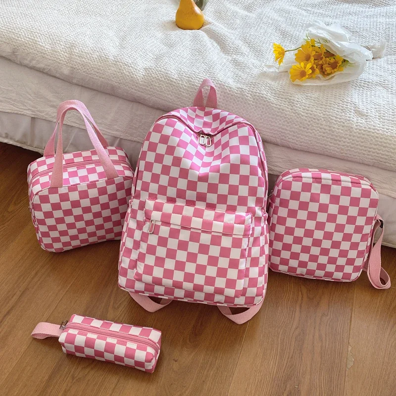 Checkerboard 4Pcs Backpack Set Crossbody&handbag&Pen Case Stitching Multi Pocket Adjustable Straps Campus Commute Bundle