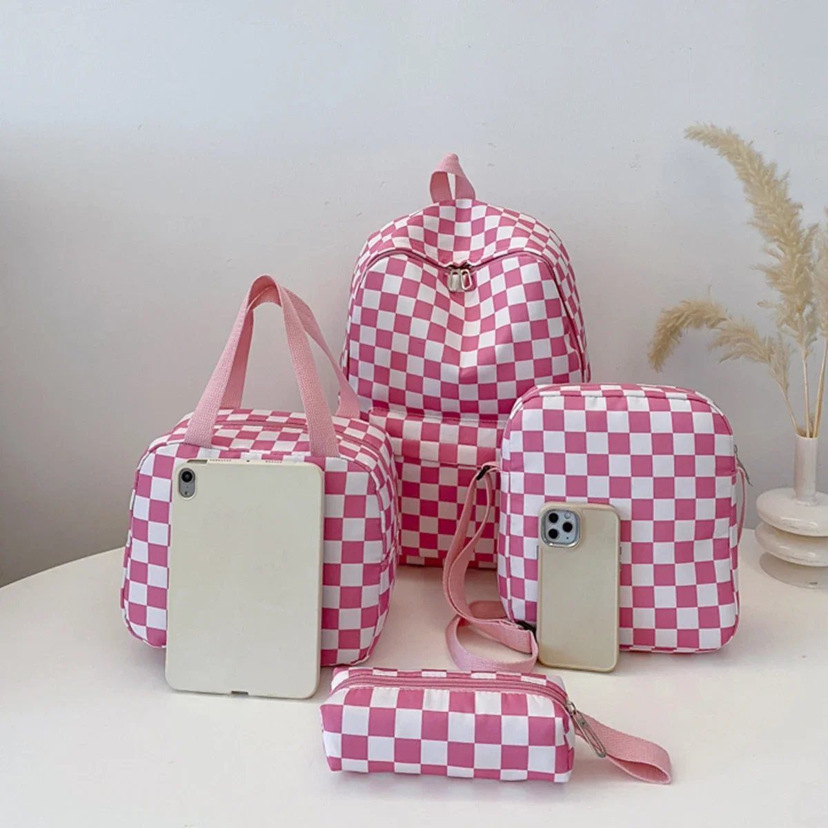 Checkerboard 4Pcs Backpack Set Crossbody&handbag&Pen Case Stitching Multi Pocket Adjustable Straps Campus Commute Bundle