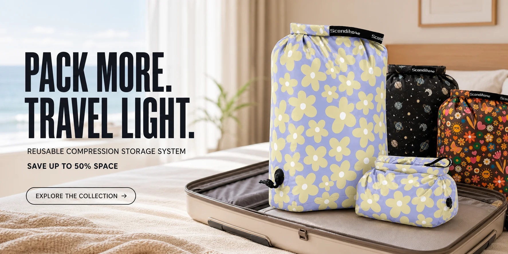 Luggage Vacuum Compression Bag Pump Free Reusable Vacuum Storage Bag 70% Space Save Waterproof Travel Clothes Sealed Packing Bag