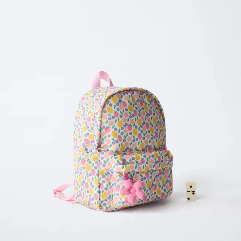 New Cute Fruit Pattern Unisex Backpack with Pink Floral Decoration Student School Bag Casual Outdoor Large Capacity Backpack