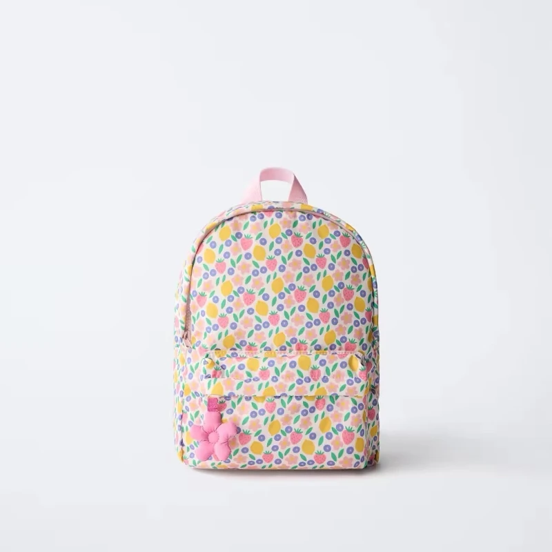New Cute Fruit Pattern Unisex Backpack with Pink Floral Decoration Student School Bag Casual Outdoor Large Capacity Backpack