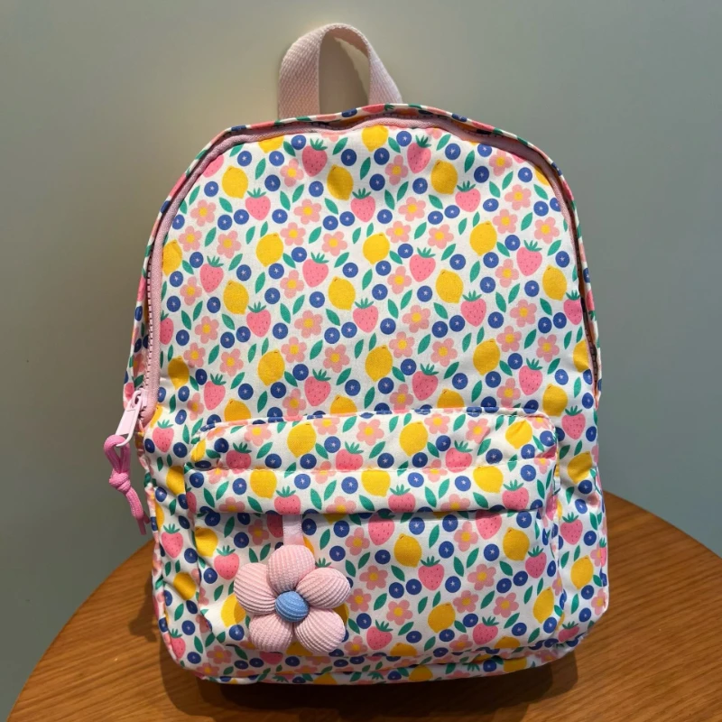 New Cute Fruit Pattern Unisex Backpack with Pink Floral Decoration Student School Bag Casual Outdoor Large Capacity Backpack