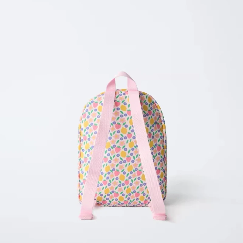 New Cute Fruit Pattern Unisex Backpack with Pink Floral Decoration Student School Bag Casual Outdoor Large Capacity Backpack