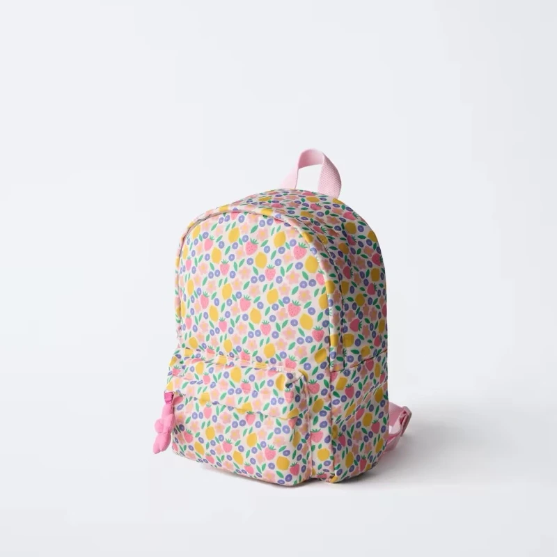 New Cute Fruit Pattern Unisex Backpack with Pink Floral Decoration Student School Bag Casual Outdoor Large Capacity Backpack