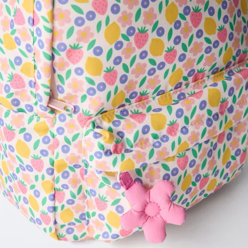 New Cute Fruit Pattern Unisex Backpack with Pink Floral Decoration Student School Bag Casual Outdoor Large Capacity Backpack