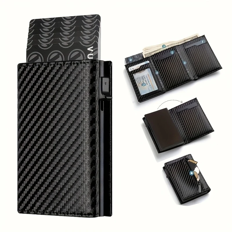 Men's Wallet with Zipper Coin Purse Automatic Pop-up Metal Credit Card Holder Minimalist RFID Blocking Business Card Wallet Ide