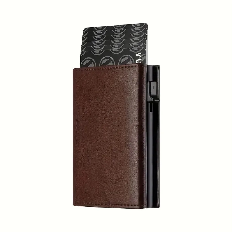 Men's Wallet with Zipper Coin Purse Automatic Pop-up Metal Credit Card Holder Minimalist RFID Blocking Business Card Wallet Ide