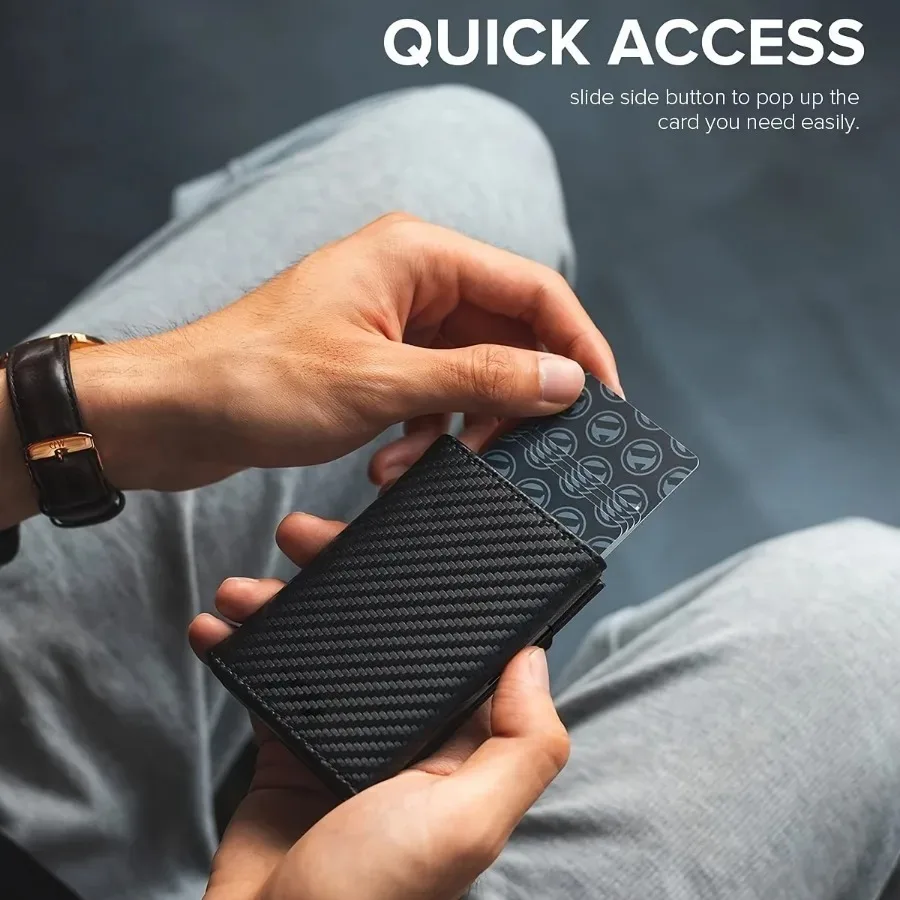 Men's Wallet with Zipper Coin Purse Automatic Pop-up Metal Credit Card Holder Minimalist RFID Blocking Business Card Wallet Ide