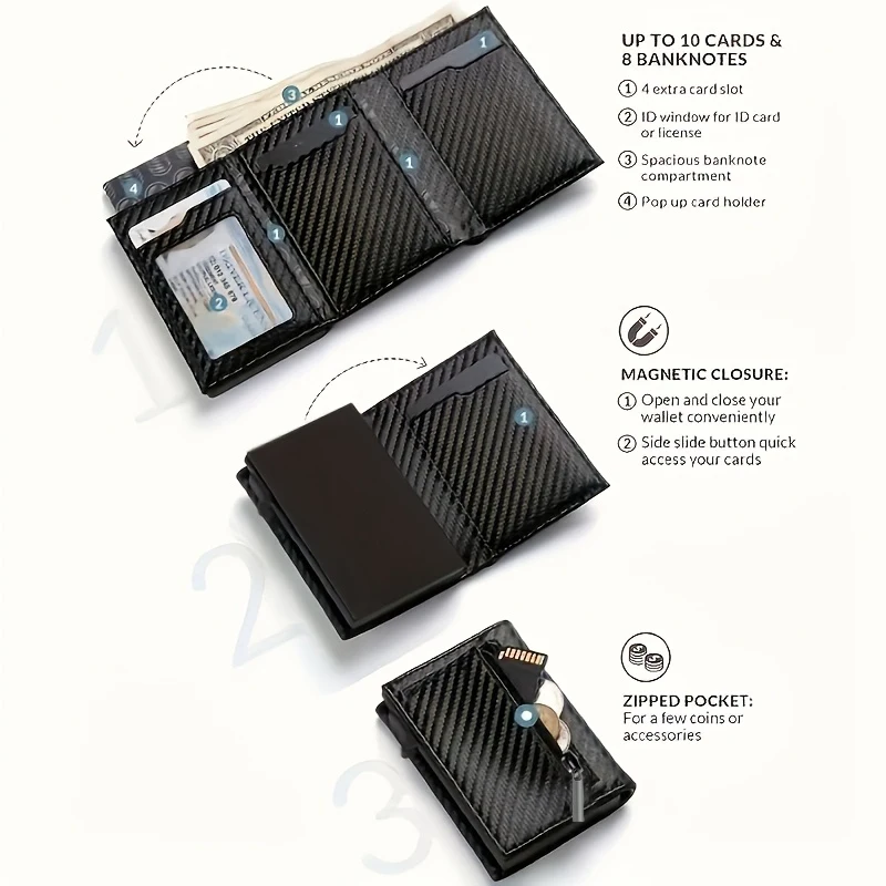 Men's Wallet with Zipper Coin Purse Automatic Pop-up Metal Credit Card Holder Minimalist RFID Blocking Business Card Wallet Ide