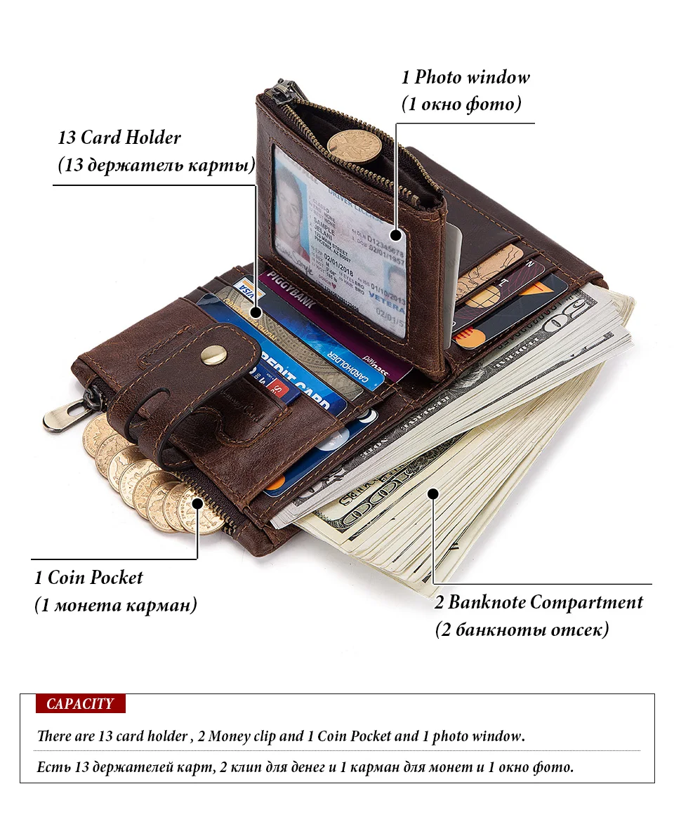 HUMERPAUL Genuine Leather Wallet With Cowhide For Men Money Purse Short Card Holder Double Zipper Male Bifold Coin Pocket RFID